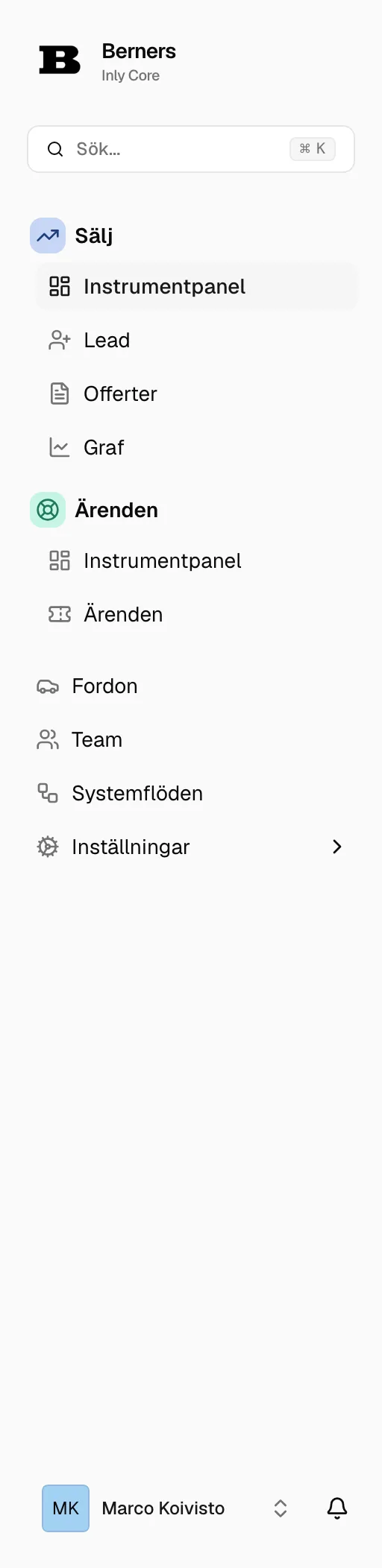 The Berners workspace navigation in Core, in Swedish — a sales section holding instrumentpanel, lead, offerter, and graf, then fordon, team, systemflöden, and inställningar.