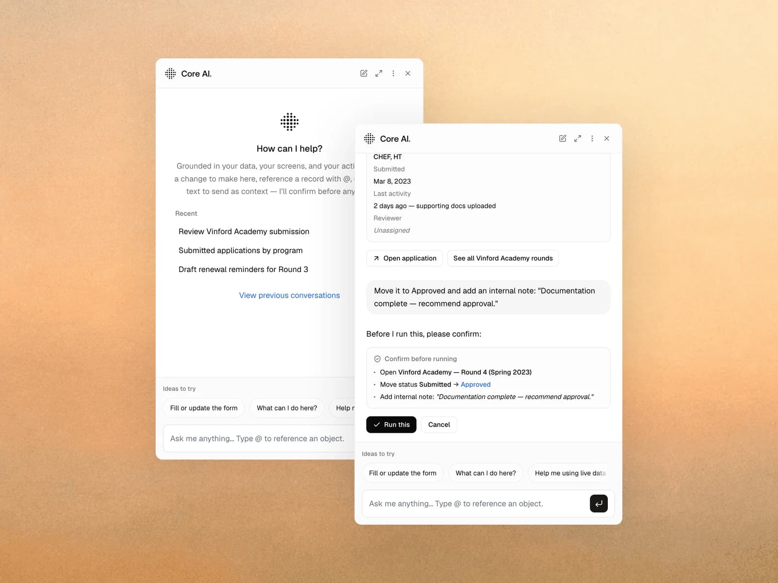 Core AI assistant chat and confirm-before-run preview