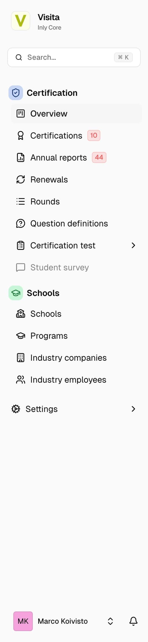 Visita's certification workspace inside Core, with a list of applications under review.